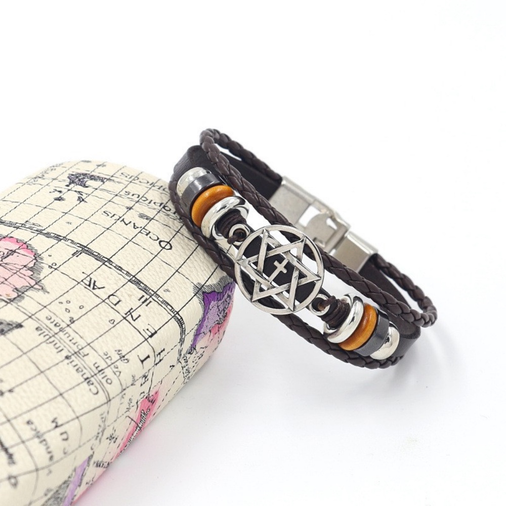 [X C Gelang] Baru Serbaguna Berongga Keluar Enam Titik Bintang Gelang Kulit Hitam Vintage Hip Hop Punk Gelang Kulit Lengan Manik-Manik Multi Layer Zinc Alloy Anyaman Gelang