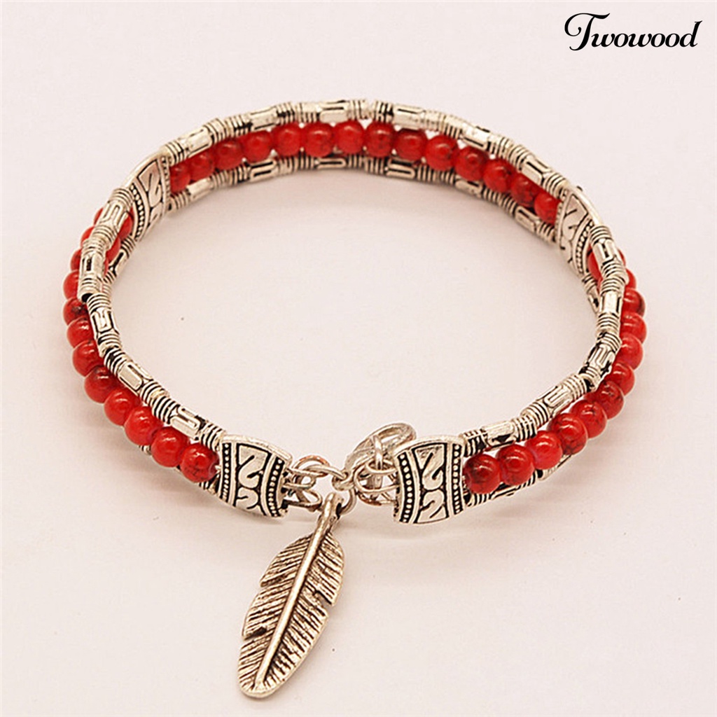 Twowood Women Bracelet Bentuk Bulu Bahan Alloy Imitasi Turquoise Tiga Lapis Women Bangles Untuk Hadiah