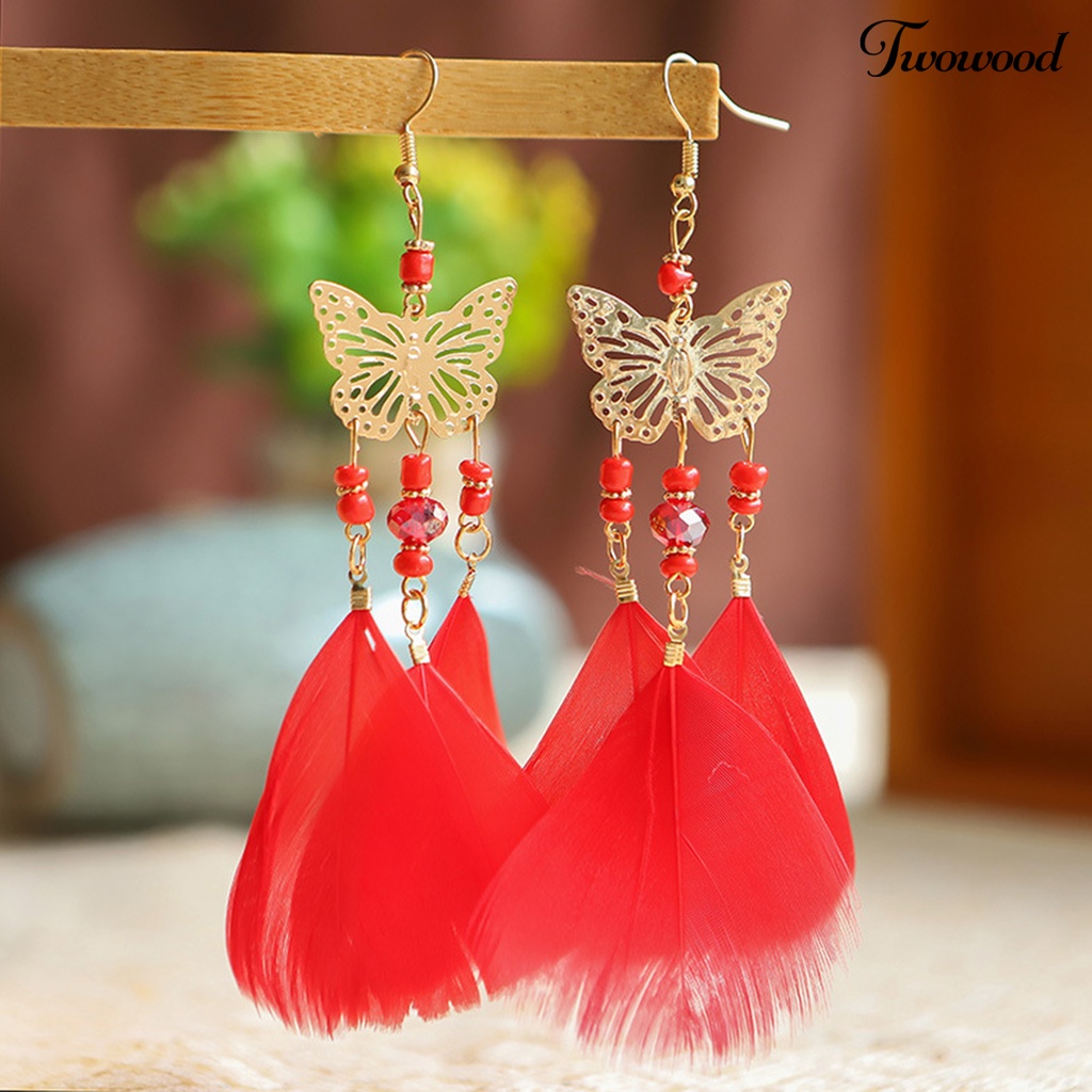 Twowood 1pasang Lady Earrings Bulu Sintetis Bohemia Kreatif Jumbai Etnik Menjuntai Anting Perhiasan