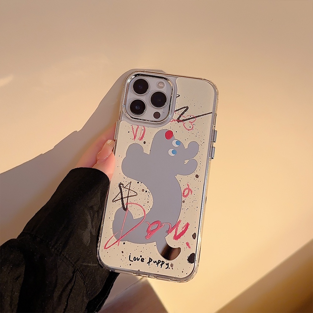 IPHONE Ins Splash Ink Anjing Kartun Plating Cermin Casing Transparan Untuk Iphone14 11 12 13 PRO MAX Casing Cover Pelindung AT0255