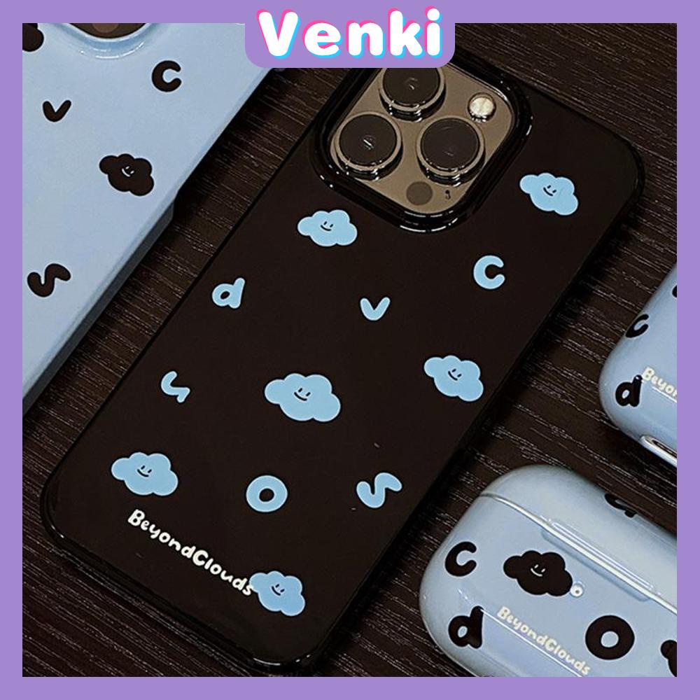 VENKI - Untuk iPhone 14 Pro Max iPhone Case Grip Berdiri Tersenyum Dudukan Lipat Hitam Glossy TPU Soft Case Huruf Biru Kompatibel dengan iPhone 13 Pro max 12 Pro Max 11 xr xs max 7 8Plus