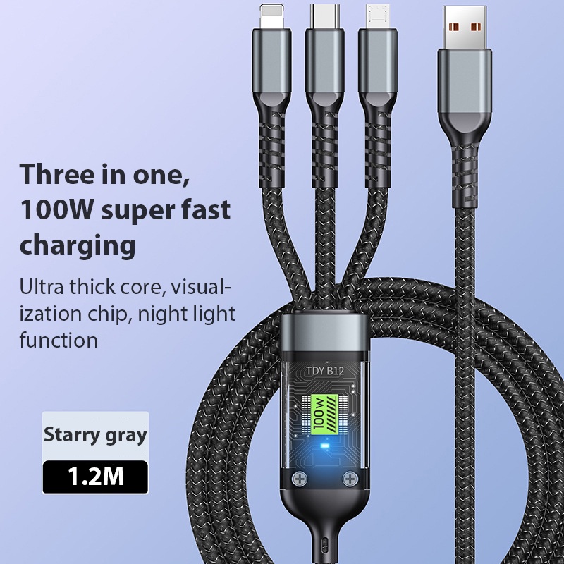 Kabel 3-in-1 Dikepang Nilon Berlampu 100W Super Cepat Charger Untuk Apple Type-c Android Fast Charger