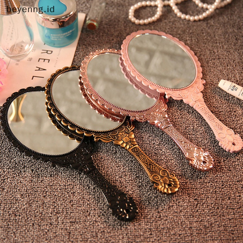 Beyen Vintage Ukir Handheld Vanity Mirror Cermin Rias Tangan Gagang Cermin Kosmetik ID