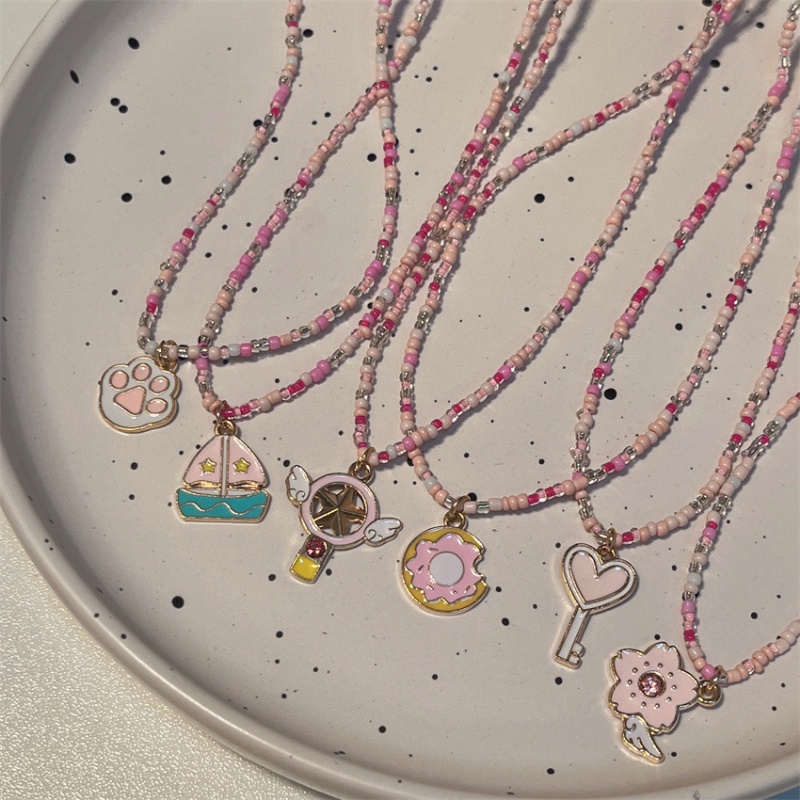 Kami Bunga Korea Lucu Merah Muda Akrilik Manik-Manik Rantai Jantung Kunci Cakar Kucing Liontin Kalung Untuk Wanita Gadis Anak Fashion Resin Manik-Manik Donat Sakura Pesona Kalung Tulang Selangka Rantai Perhiasan