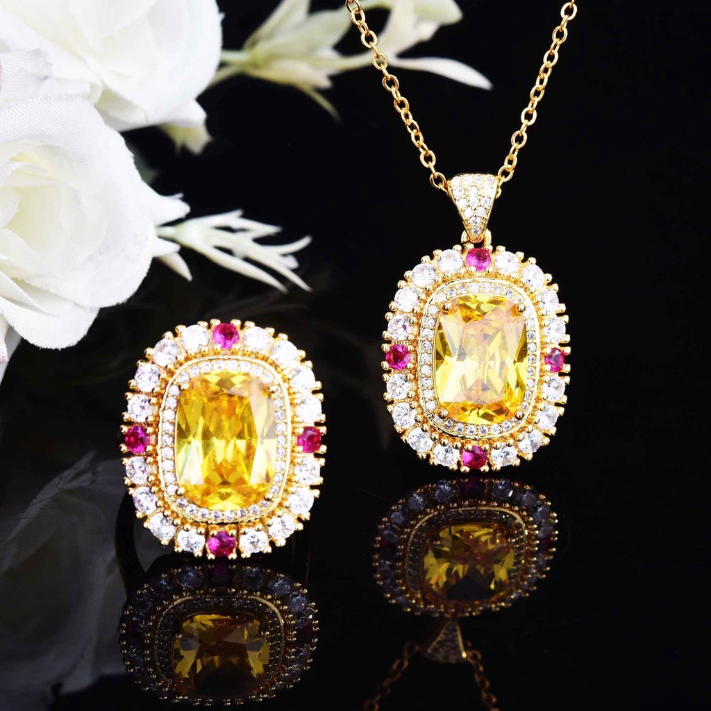 Goldkingdom Fashion Perhiasan Aksesoris Ready Stock Liontin Kristal Kuning Ruby Set Pertunangan Cincin Kalung