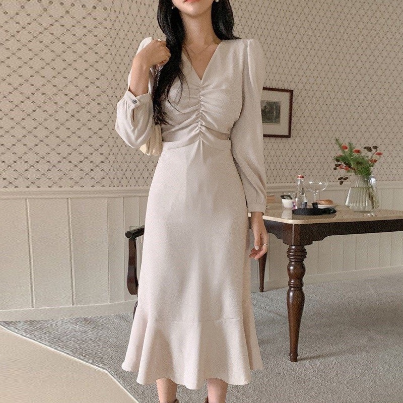 AIMEI Korea chic elegant V-neck pleated waist bubble sleeve long dresses women