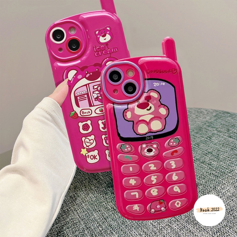 IPHONE Casing Kompatibel Untuk Iphone11Xr 78 Plus 12 13 14 11 Pro MAX X XS MAX SE 2020 Kartun Lucu Strawberry Bear Manyo Kepribadian Retro Bentuk Ponsel Ponsel Lembut Glossy Phone Cover