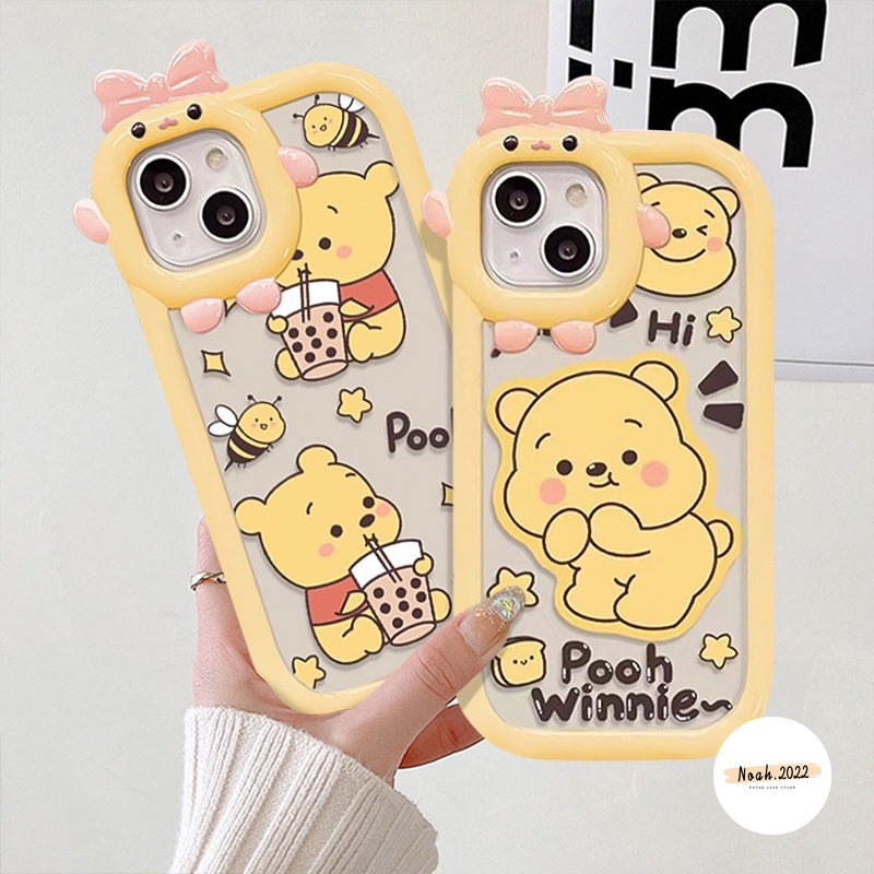 IPHONE 3d Ikatan Simpul Beruang Lucu Monster Kecil Case Lensa Kompatibel Untuk Iphone11 7Plus 8Plus XR 13 14 12 11 Pro Max X XS Max 6s 6 8 7 Plus SE 2020 Kartun Winnie the Pooh Lembut Tpu Cover