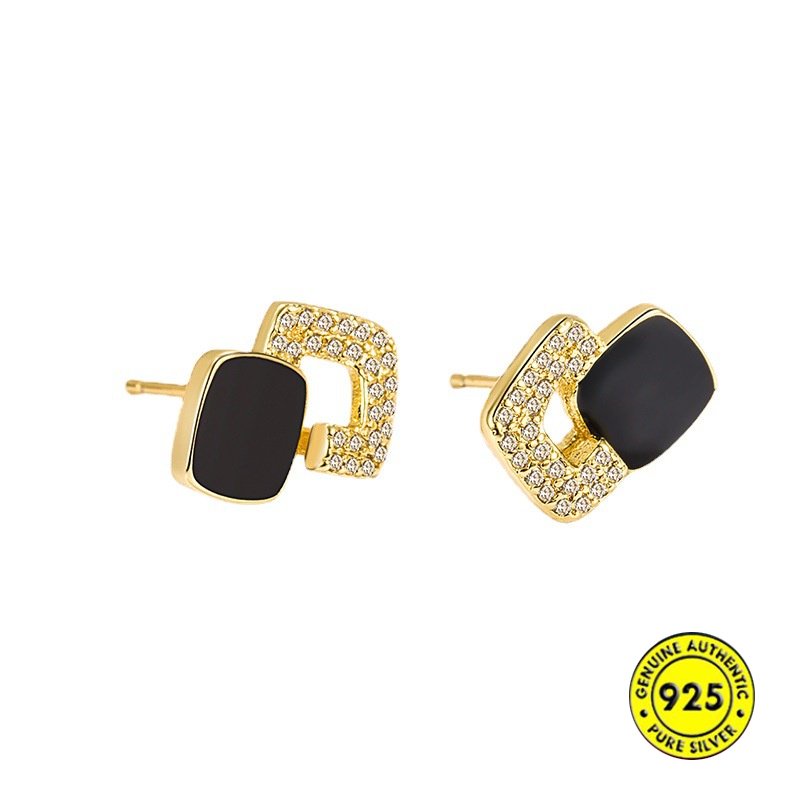 18k Emas Fashion Retro Berlian Hitam Anting Persegi Rasa Tinggi Anting Perak U1814