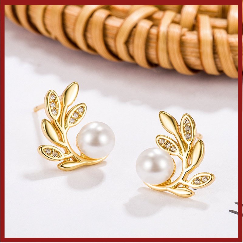 18k Emas Shell Mutiara Cabang Daun Telinga Giwang Temperamen Mewah Ringan All-Match Anting Vintage U1808