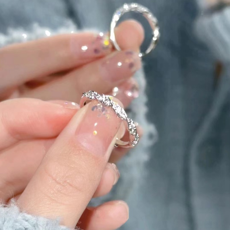 Papaozhu Elegan S925 Perak Bersinar Zirkon Dikepang Cincin Untuk Wanita Gadis Ins Trendi Kristal Pengantin Pernikahan Cincin Fashion Jari Perhiasan Aksesoris