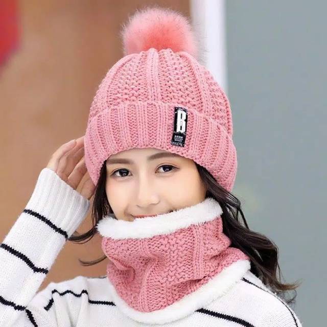 Winter Knitted Beanie Pompom Scarf Set Woman Kids Fur Inside / Topi Kupluk + Syal Rajut Wanita Anak