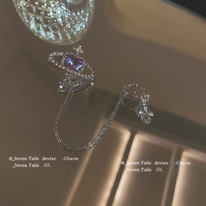 Anting Klip Hati Planet Berlian Imitasi Fashion Untuk Wanita