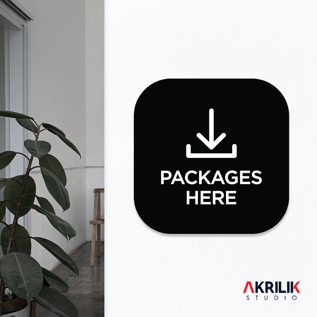 

Sign Board Akrilik Packages Here Papan Acrylic Signage Tempel Dinding Tulisan Paket Disini Label Tanda Petunjuk Rambu Aklirik UV Print Nama Ruangan