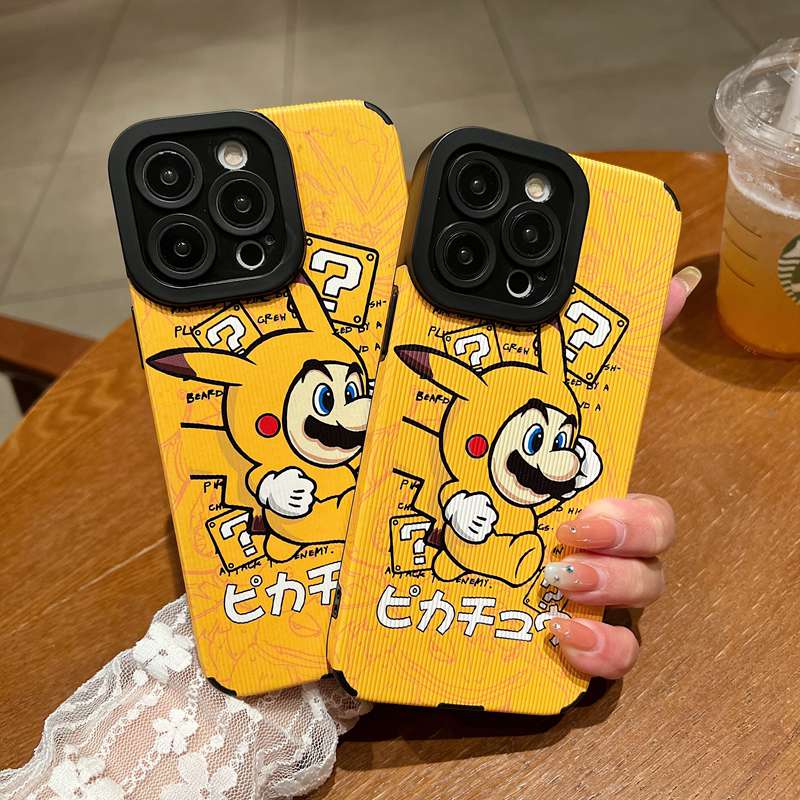 Kulit Domba Kartun Lucu Pikachu Mario Soft Case Iphone 7Plus 8 Plus X XS XR XS Max 11 13 12 14 PRO Max 14 Plus SE Phone Case Kuning Untuk Pria Man