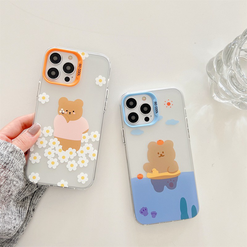 Lovely Swim Flower Bear Skin Feel Soft Case HP iP iPhone 12 13 14 Pro Max 11 Girl Woman FTD Casing Apple