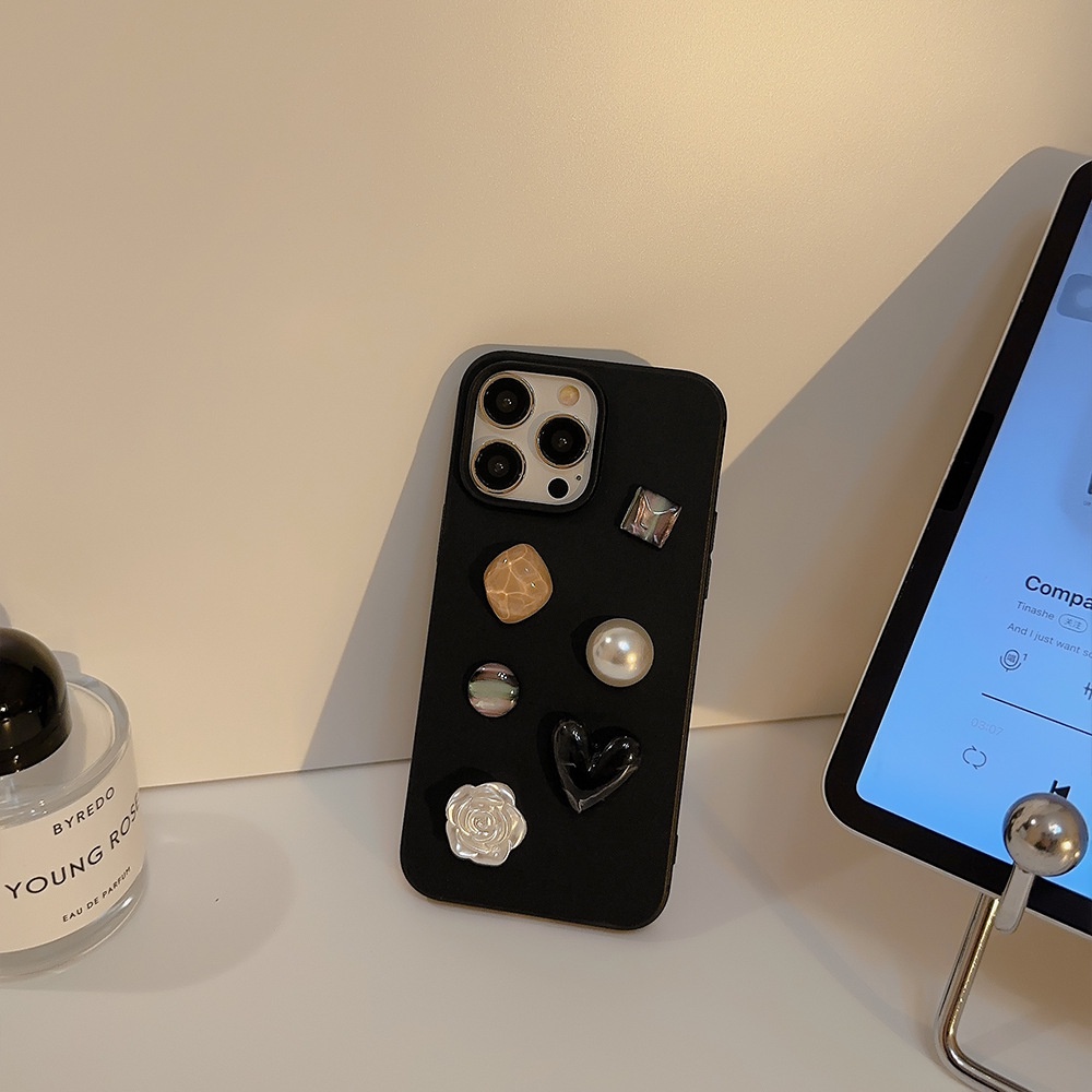 Ins Krem Hitam Camelia Permata Silikon Case Untuk Iphone SE 2020 7 /8 Plus 14x XR XM 11 12 MINI 13 PRO MAX Casing Cover Pelindung AT0303