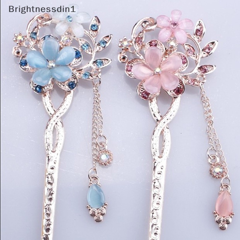 [Brightnessdin1] Cat Eye Stone Hair Pin Bunga Ganda Berlian Imitasi Rambut Tongkat Rambut Klip Butik