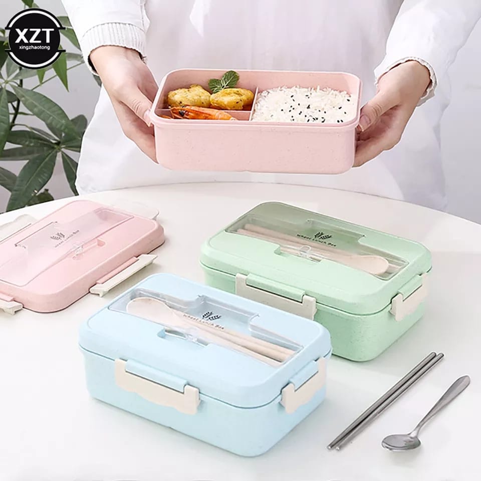 Kotak Bekal Makan Jerami Gandum / Lunch Box Set / Kotak Makan Anti Tumpah Free Sendok dan Garpu