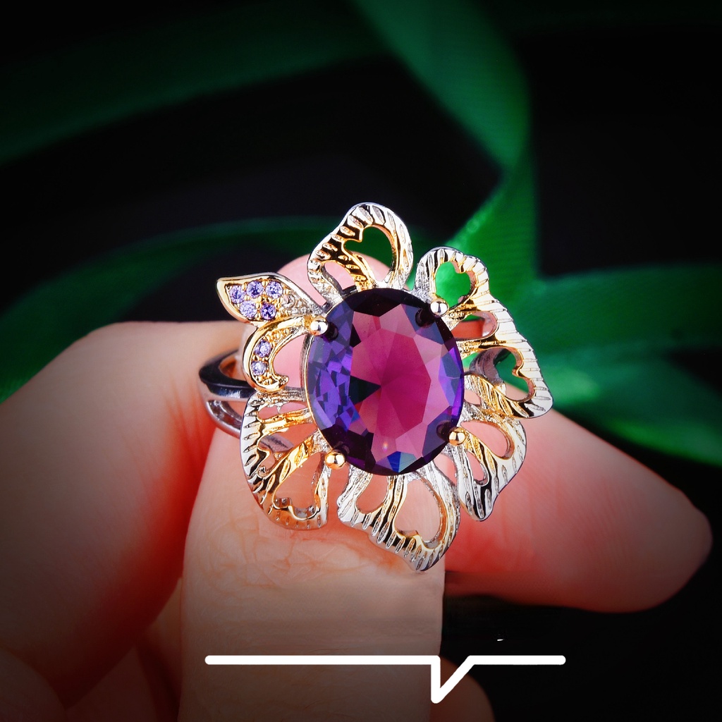 Goldkingdom Aksesoris Perhiasan Fashion Ready Stock Two-tone Kerajinan Emas Amethyst Cincin Kreatif Bunga Warna-Warni Harta Karun Pembukaan Cincin Wanita