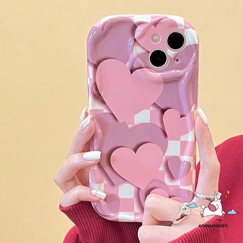 IPHONE Kompatibel Untuk Iphone14 11 12 13 Pro Max XR X7 8 6s 6 Plus XS Max SE 2020 Fahion Kisi Cinta Hati Shockproof Glossy Kreatif 3D Wavy Curved Edge Rose Pink Soft Cover