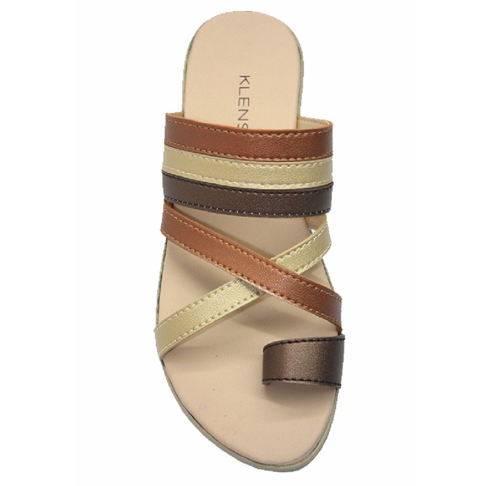 Klensia Sandal Wanita Hak Rata treples Flat 671-021 - Gold/Kombi, 38