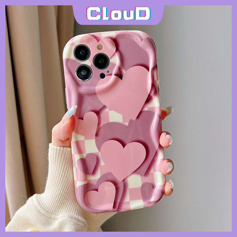 Casing 3D Wavy Curved Edge Gradient Love Heart Kompatibel Untuk iPhone 7Plus 14 11 13 12 Pro Max XR 76 8 6s Plus X XS Max SE 2020 Motif Kotak-Kotak Shockproof Glossy Soft Cover