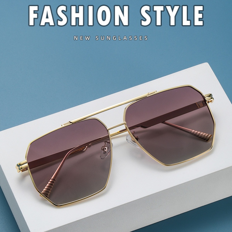 (YUZHU) Western Fashion Metal Double Beam Sunglasses Mode Modern Gaya Retro Square Frame Sunglasses