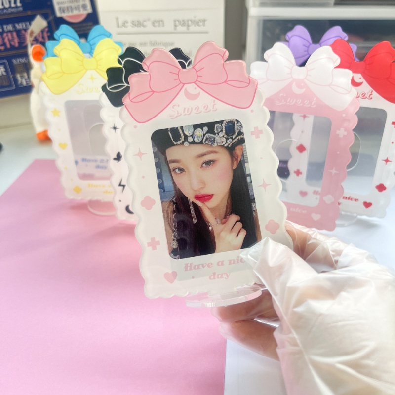 Pink Bow Acrylic Frame Foto Kawaii 3inch Color Card Holder Idol Photocard Pelindung Case Desktop Display Frame Dekorasi Desktop