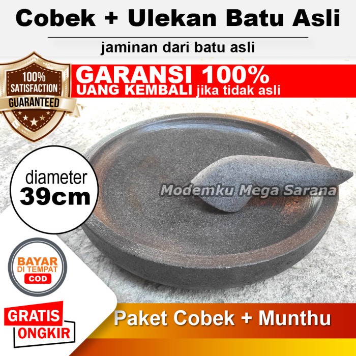 Cobek Batu Asli Original + Ulekan Munthu Muntu Muntilan Merapi - 39 cm