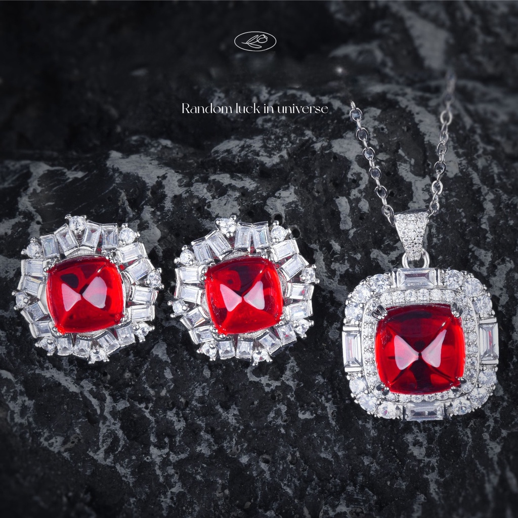 Goldkingdom Fashion Perhiasan Aksesoris Ready Stock Ruby Liontin Kalung Cahaya Mewah Colorful Harta Set Anting Royal Sapphire