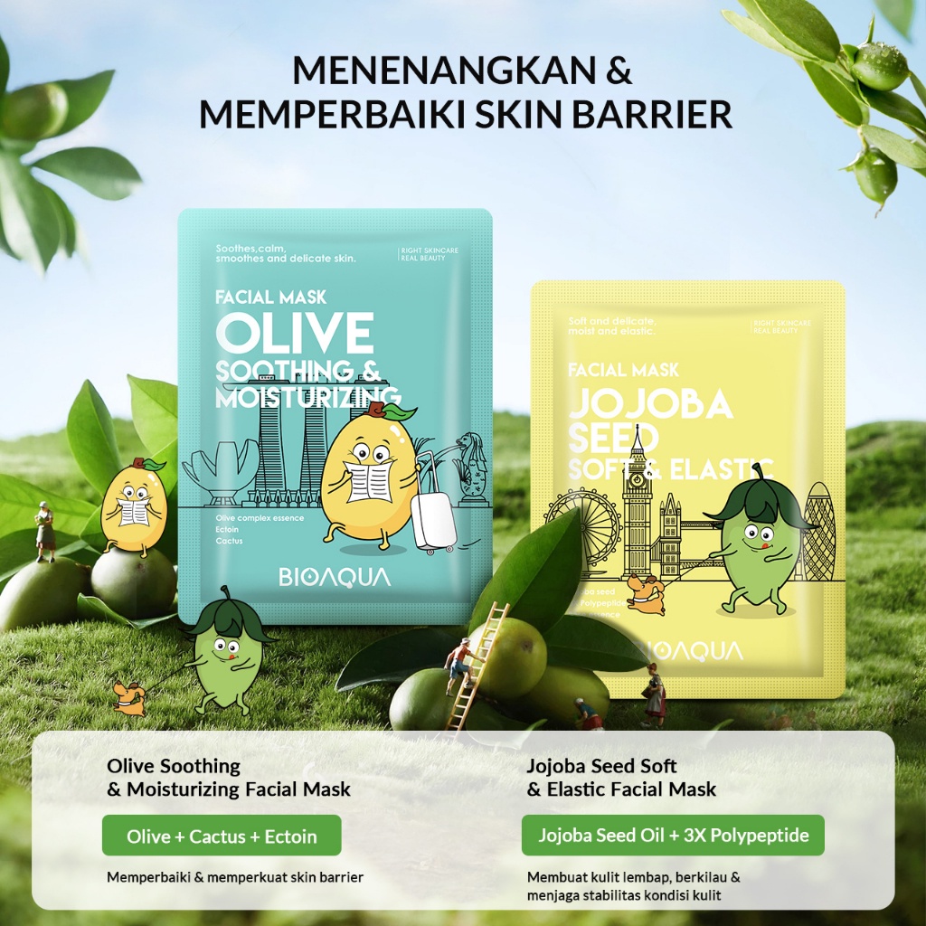 BIOAQUA Sheet Mask Masker Wajah Biji Buah Face Mask 25ml Grape Seed Whitening/Olive Soothing/Jojoba Seed Soft/Moroccan Nut Moisturizing/Coffee Bean Anti-Oxidant Masker Muka Masker Organik