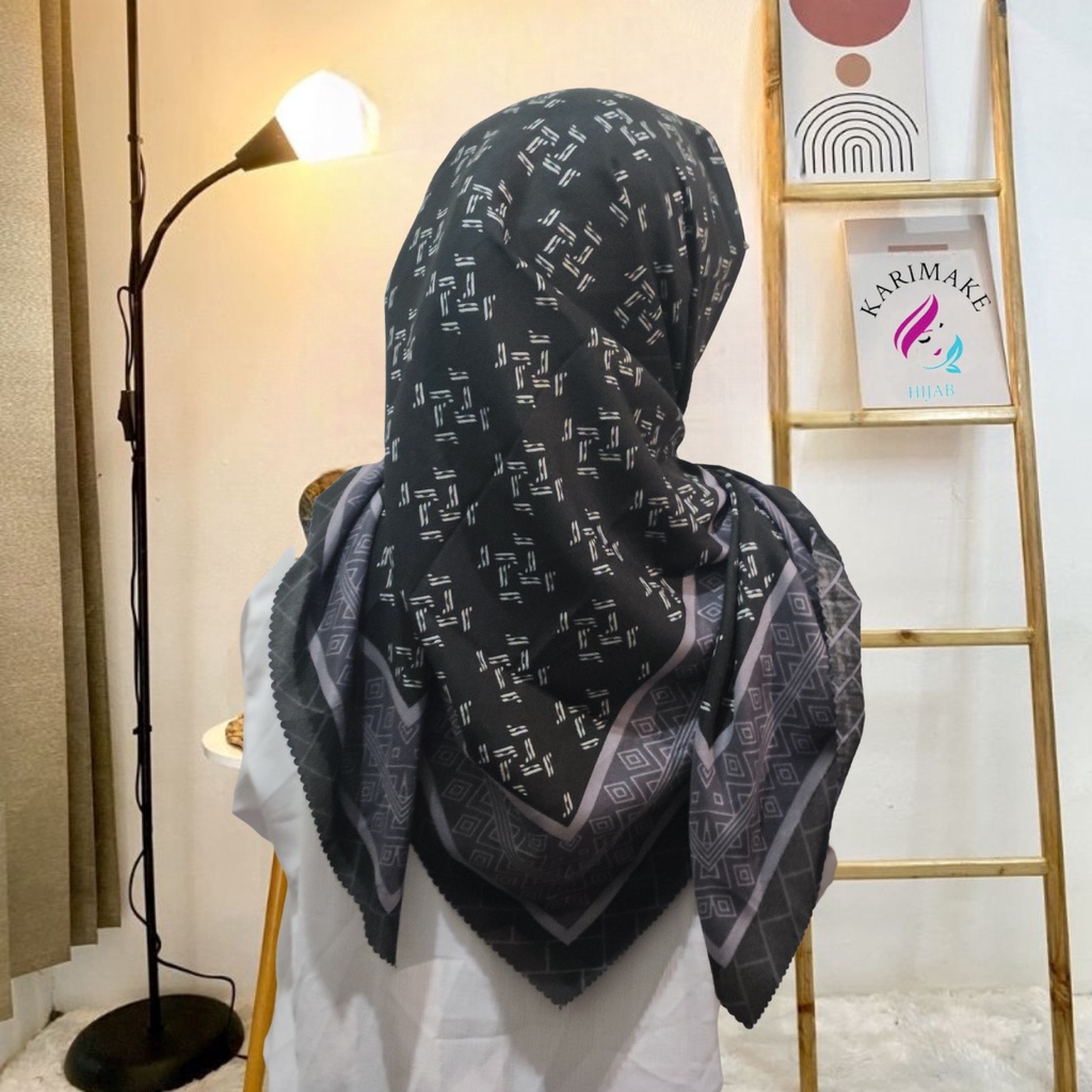 Karimake Hijab / Kerudung Segi Empat Voal Premium Printing Motif Retro Revival Laser Cut 110 x 110