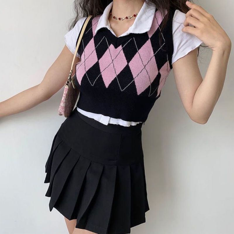 IMPORT WOMAN ARGYLLE CROPTOP SLIM KNIT VEST KOREAN STYLE VEST RAJUT WANITA
