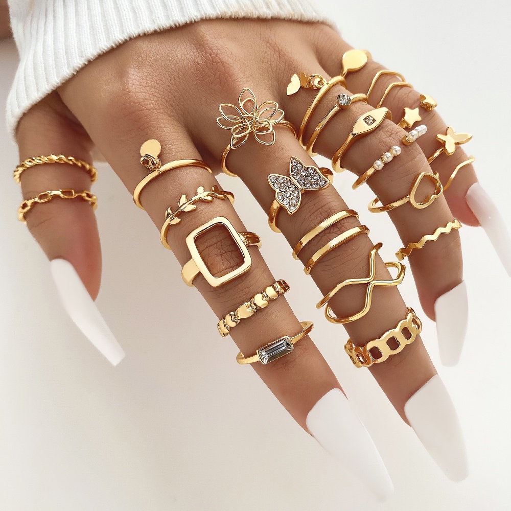22buah/23set Bunga Berongga Baru Kupu-Kupu Cinta Berputar 8kata Cincin Set Kombinasi Kreatif Bersama Cincin Perempuan Desain Rasa Niche