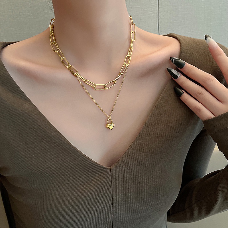 Fashion Cinta Liontin Baja Titanium Emas Kalung Lapisan Ganda