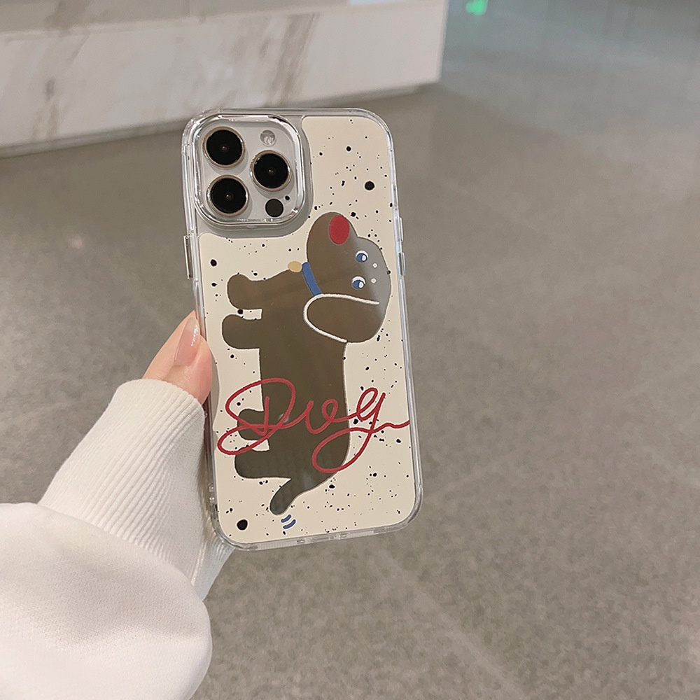 IPHONE Ins Anjing Lucu Kartun Plating Cermin Casing Transparan Untuk Iphone14 11 12 13 PRO MAX Casing AT0264 Cover Pelindung