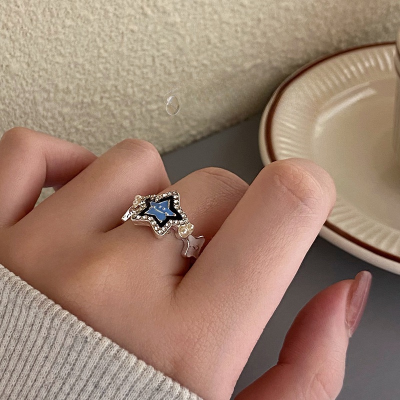 Cincin Bintang Beruntung Biru Muda Smiley Face Pasangan Cincin Aksesoris Fashion Kepribadian Dapat Disesuaikan