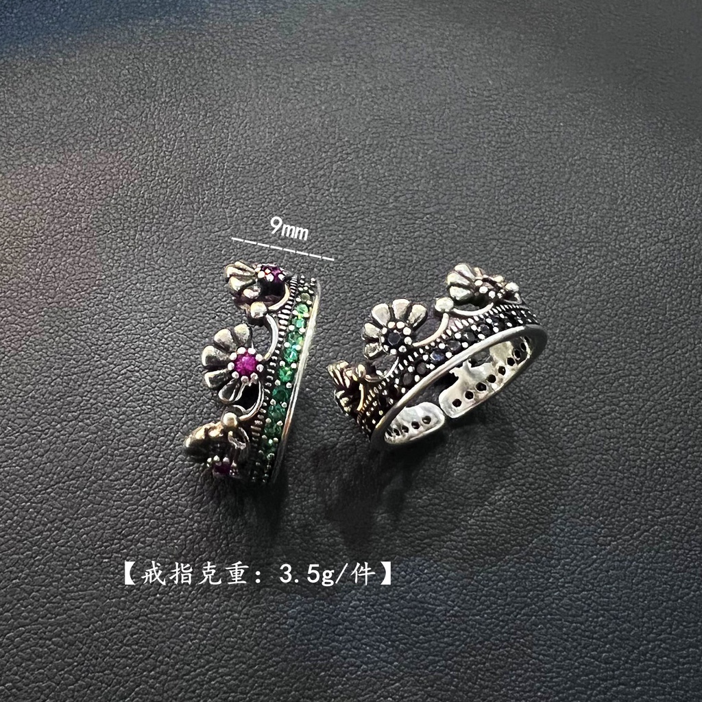 Goldkingdom Aksesoris Perhiasan Fashion Ready Stock INS Vintage Unik Cincin Mahkota Bunga Kepribadian Perempuan Zirkonium Hitam