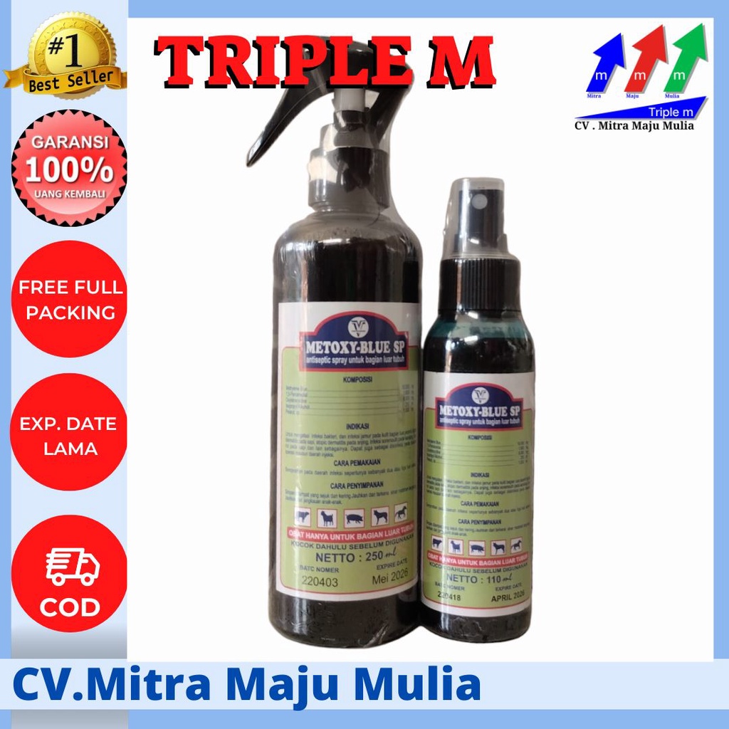 Metoxy Blue 110 ml dan 250 ml - Antiseptik Spray Luka &amp; Penyakit Mulut Kuku / PMK TRIPLE M