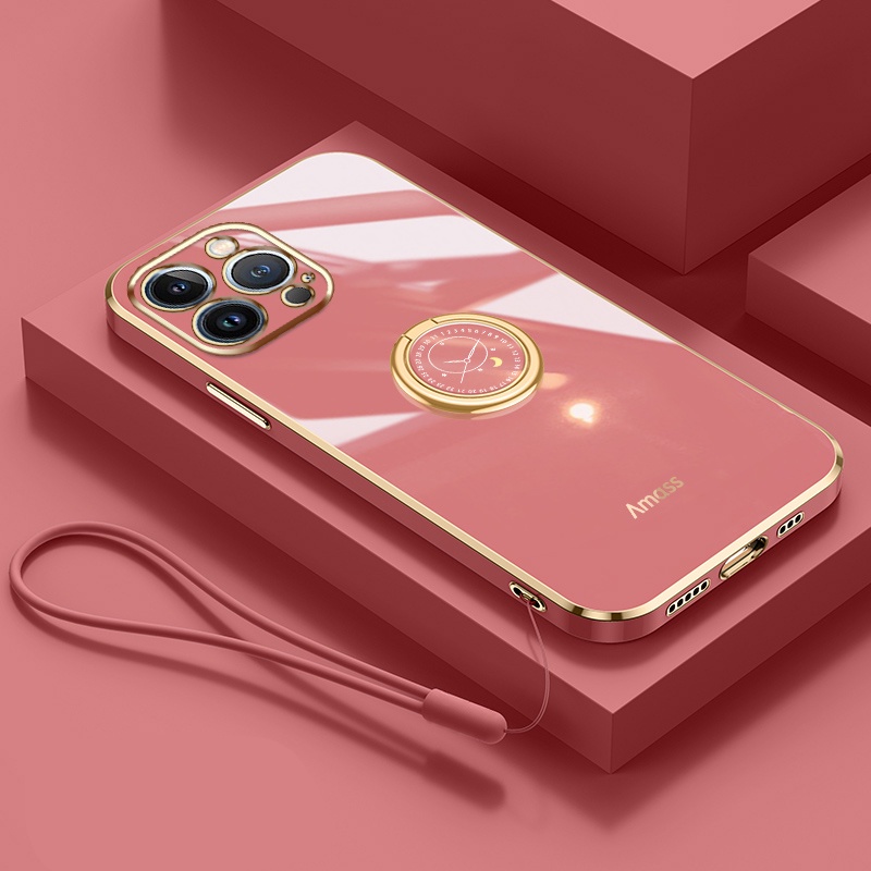 IPHONE Andyh Casing Ponsel Silikon Ultra Tipis Untuk Iphone6 6S Plus7 8 Plus SE2020 X XS Max XR 11 12 13 14 Pro Max Deluxe Perlindungan Jatuh Pita Emas Dengan Jam Cincin Dan Lanyard Gratis