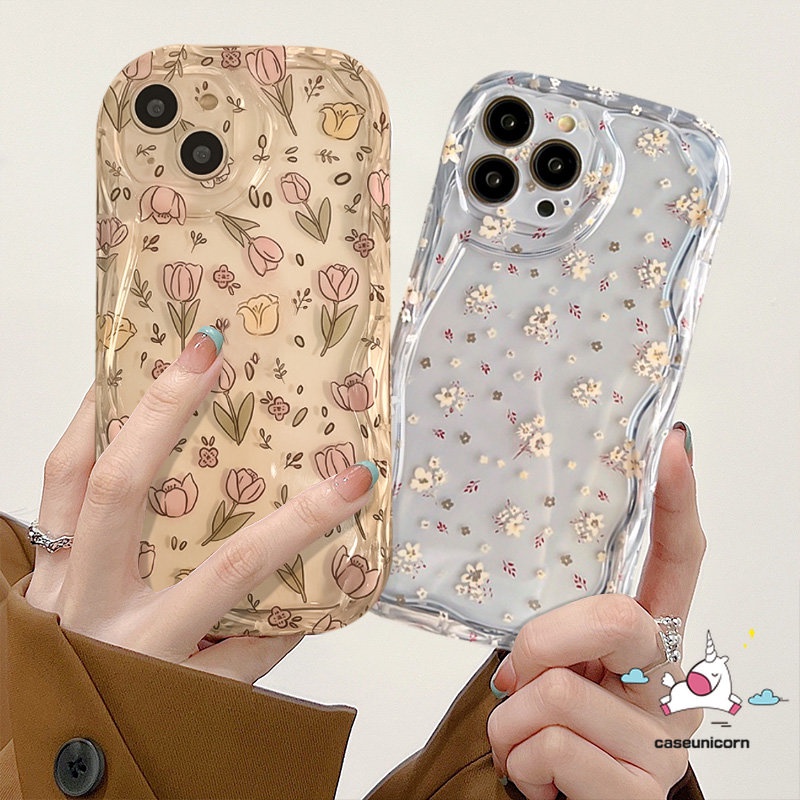 Casing Bunga Tepi Melengkung Bergelombang 3D Untuk Oppo A7 A15 A16 A95 A12 A17k A5s A17 A57 A3s A54s A16s A96 A54 A9 A5 A1k A74 A55 A31 A16K A76 A77s A92 A16E A53 A77 A52 Floral Soft Clear Cover