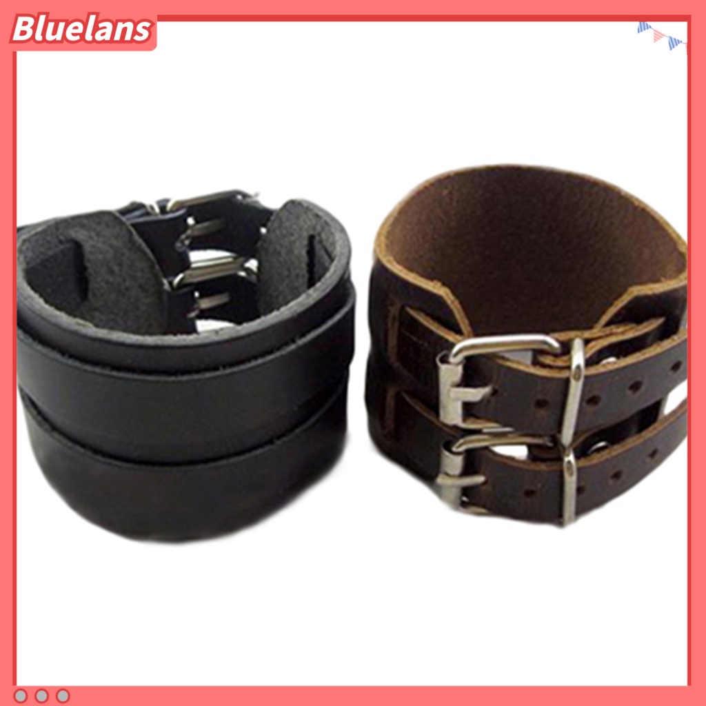 [BLS] Gelang Pria 2lapis Lebar Band Perhiasan Adjustable Bangle Kulit Imitasi Untuk Kehidupan Sehari-Hari