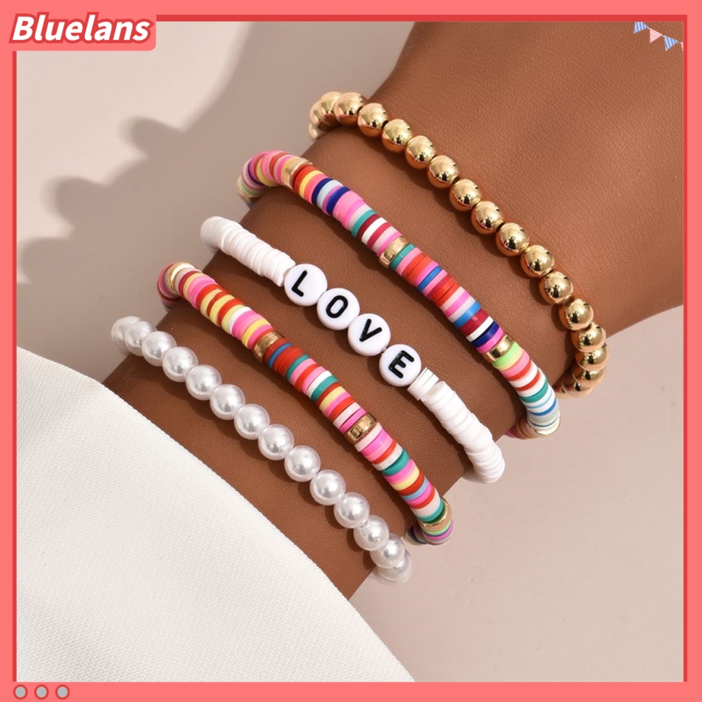 [BLS] 5pcs Unisex Gelang Warna-Warni Bohemian Polymer Clay Love Huruf Mutiara Imitasi Gelang Untuk Pesta