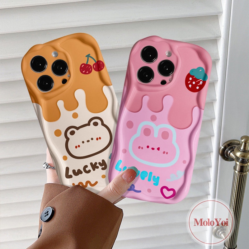 Casing Pasangan Tepi Melengkung Bergelombang 3D Kompatibel Untuk IPhone XR XS X Max8 7 6 6s Plus 11 13 14 12 Pro Max SE 2020 Doodle Lembut Tpu Kartun Cherry Ice Cream Beruang Lucu Rabbit Phone Cover