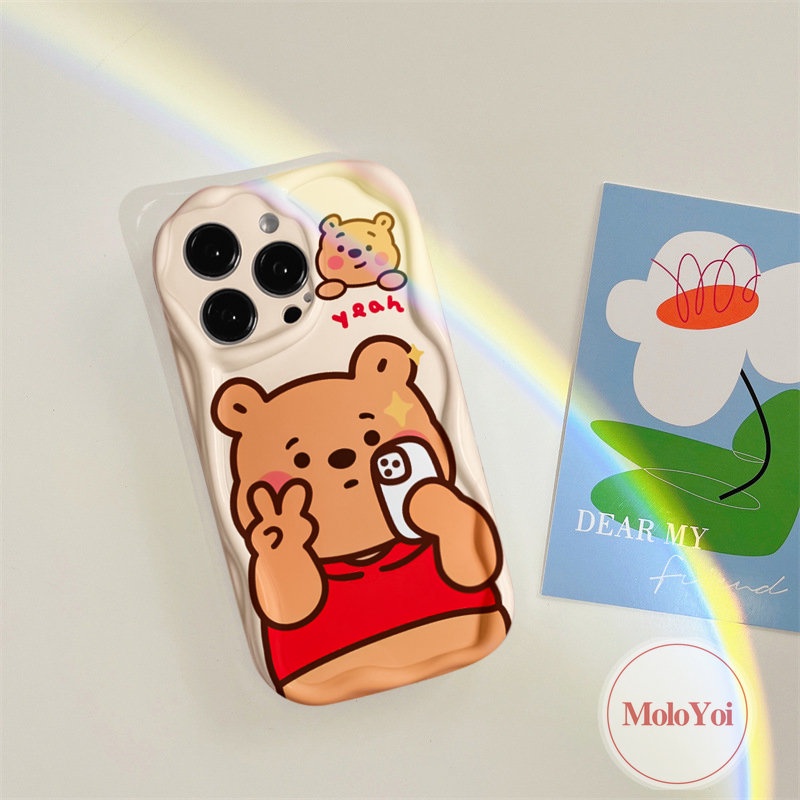 IPHONE Casing Belakang Tepi Melengkung Bergelombang 3D Kompatibel Untuk Iphone11 14 13 12 Pro Max XR XS X Max 7 6s 6 8 Plus SE 2020 Lembut Kartun Lucu Strawberry Bear Manyo Winnie The Pooh Couple Cover