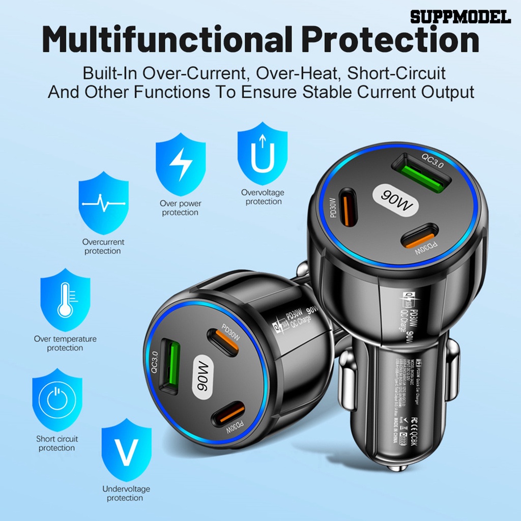 [SM Otomatis] Charger Mobil USB 3port Super Cepat Dual PD30W QC3.0 Adaptor Quick Charging 3in1 Aksesori Mobil