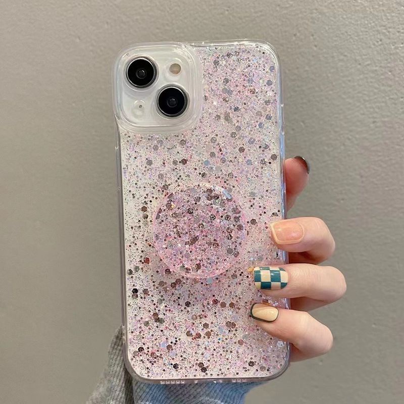 Crystal Pink Starry Sky Popsocket Soft Case for IPhone 7 8 Plus X XS XR XS Max 11 13 12 14 PRO Max 14 Plus Clear Phone Case for Girl Women Gift