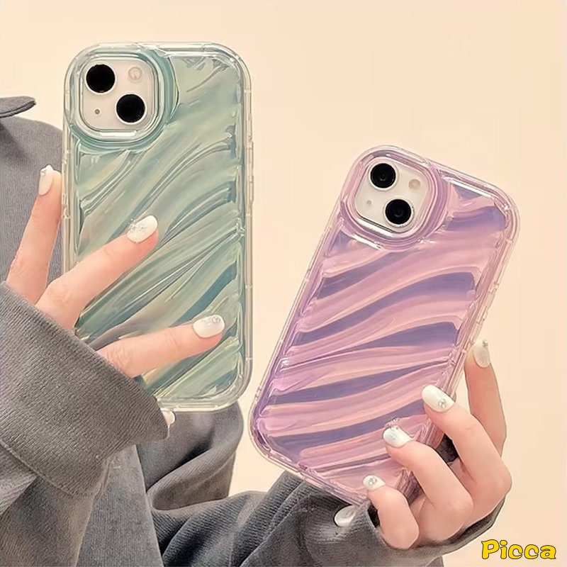 IPHONE 3d Wavy Curved Luxury Ins Dazzle Laser Color Case Kompatibel Untuk Iphone11 13 12 14 Pro MAX 7-8 6 6S Plus XR X XS MAX 7Plus 8Plus SE 2020 Soft Tpu Simple Macaron Color Back Cover