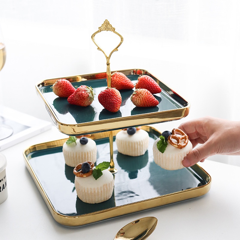 Piring Kue Tingkat Keramik Bentuk Kotak List Emas / Square List Gold Elegant / Wadah Buah Bertingkat